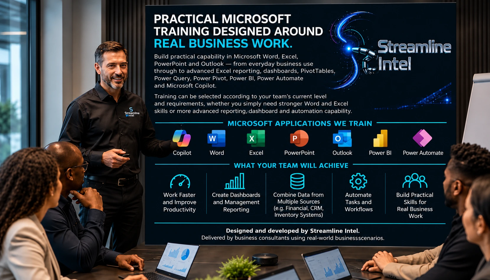 Streamline Intel practical Microsoft training — Word, Excel, PowerPoint, Outlook, Power BI, Power Automate and Copilot